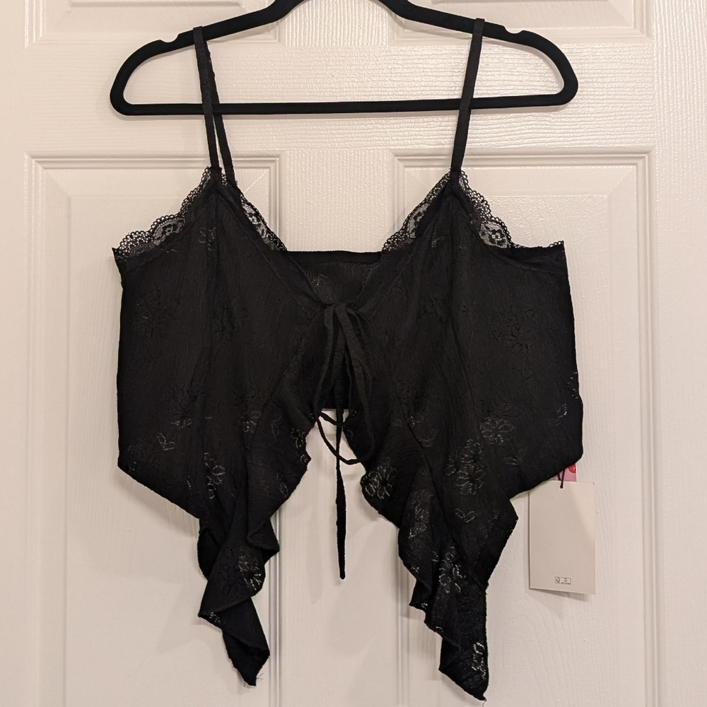 Tie Front Babydoll Lace Tank Top Milkmaid Fairy Coquette Cami Whimsigoth Black
